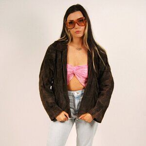 90s Suede Jacket (L) vintage brown women leather patchwork zip up hippy boho 80s